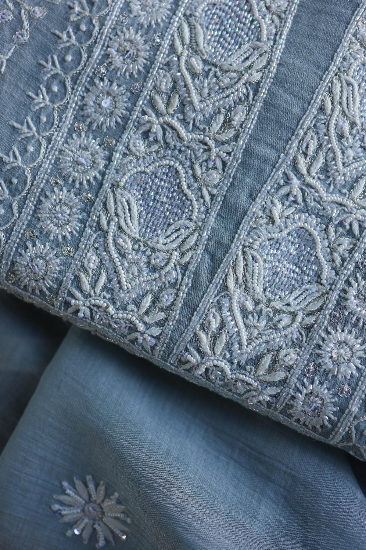 Powder Blue Shade Silver Tissue Silk Chikankari Unstitched Fabric