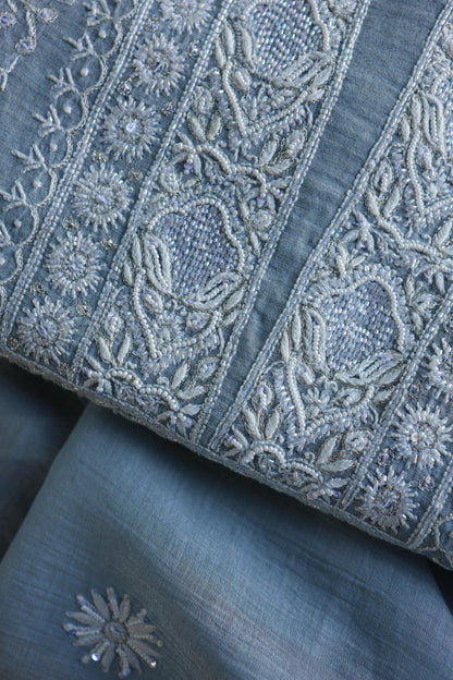 Powder Blue Shade Silver Tissue Silk Chikankari Unstitched Fabric
