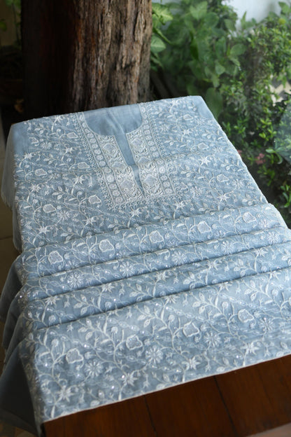 Powder Blue Shade Silver Tissue Silk Chikankari Unstitched Fabric