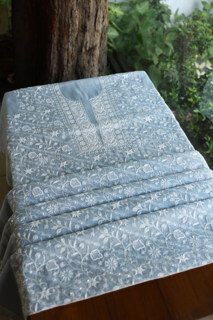Powder Blue Shade Silver Tissue Silk Chikankari Unstitched Fabric