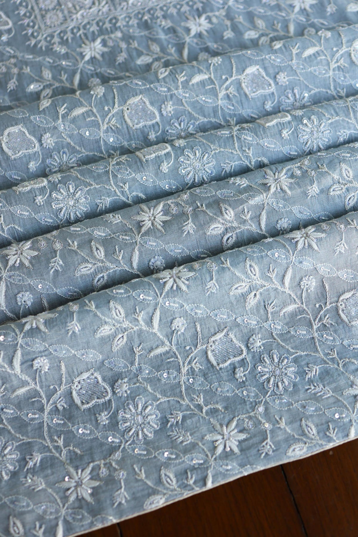 Powder Blue Shade Silver Tissue Silk Chikankari Unstitched Fabric