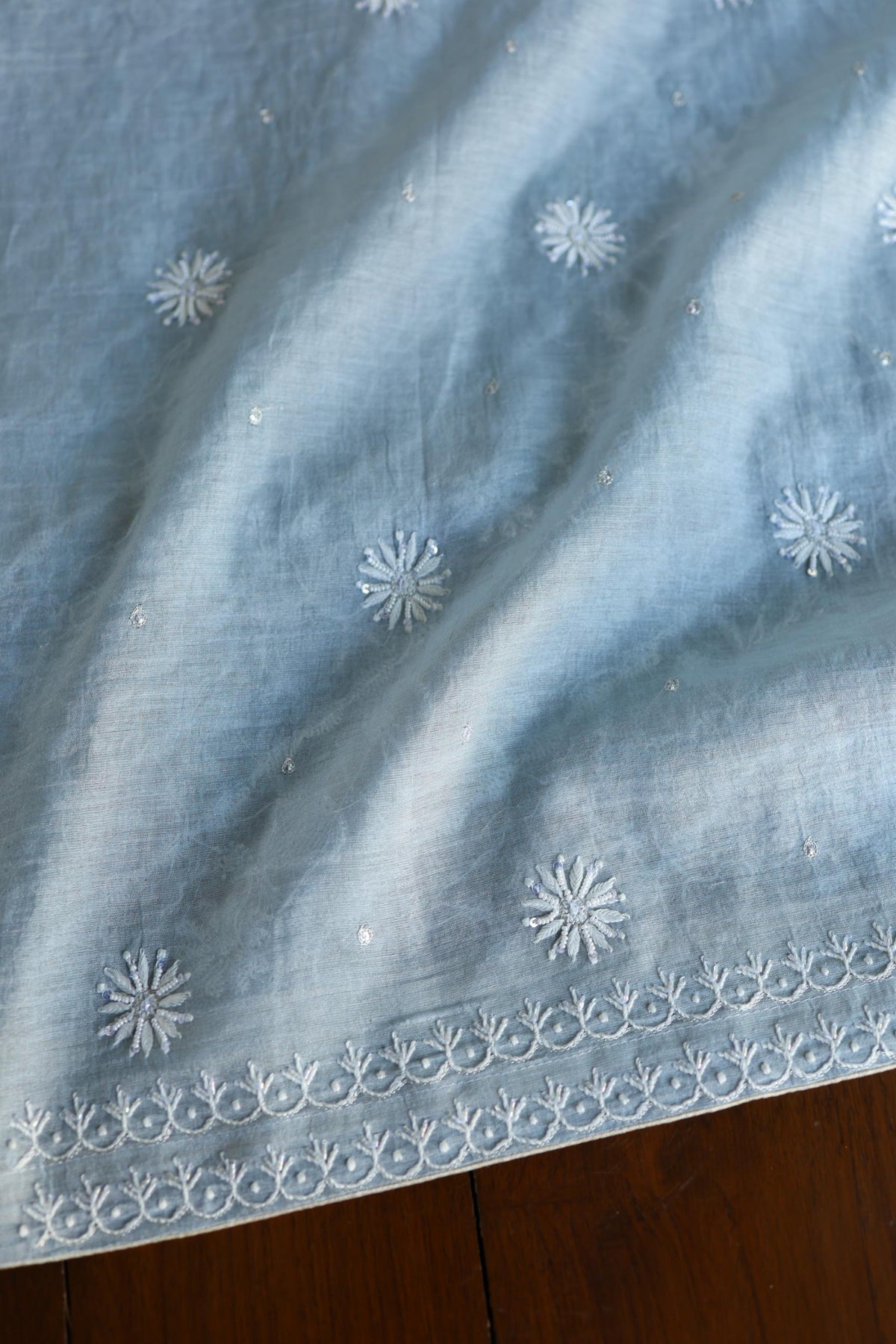 Powder Blue Shade Silver Tissue Silk Chikankari Unstitched Fabric