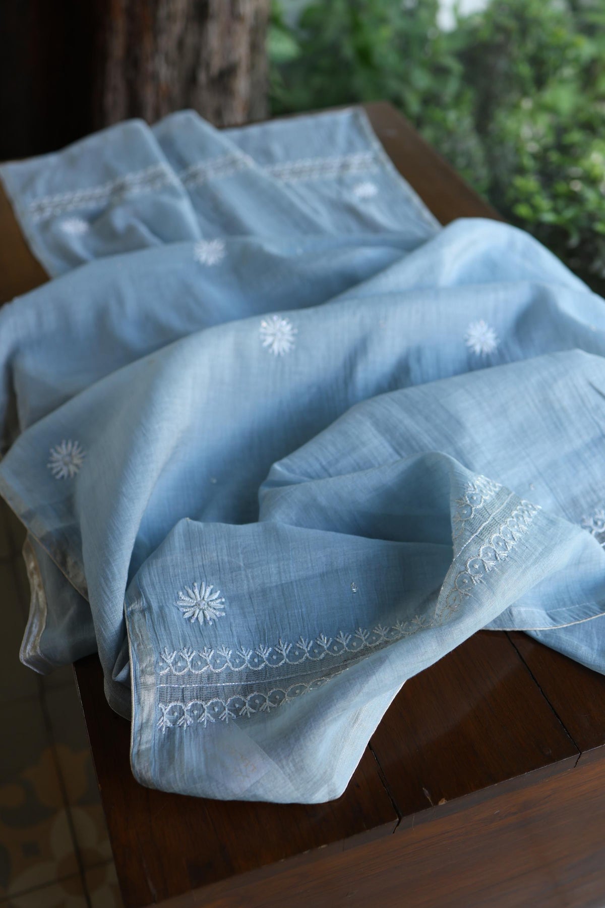 Powder Blue Shade Silver Tissue Silk Chikankari Unstitched Fabric
