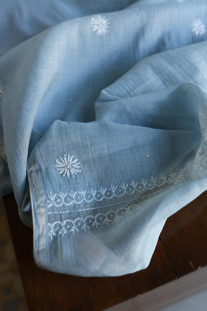 Powder Blue Shade Silver Tissue Silk Chikankari Unstitched Fabric