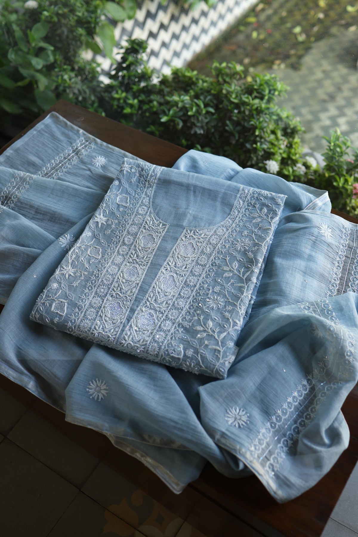 Powder Blue Shade Silver Tissue Silk Chikankari Unstitched Fabric