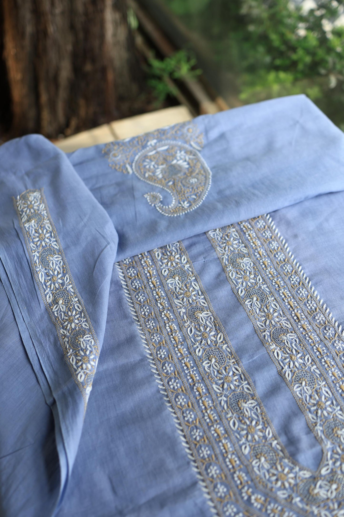 Powder Blue Shade Unisex Chikankari Bengal Muslin Kurta