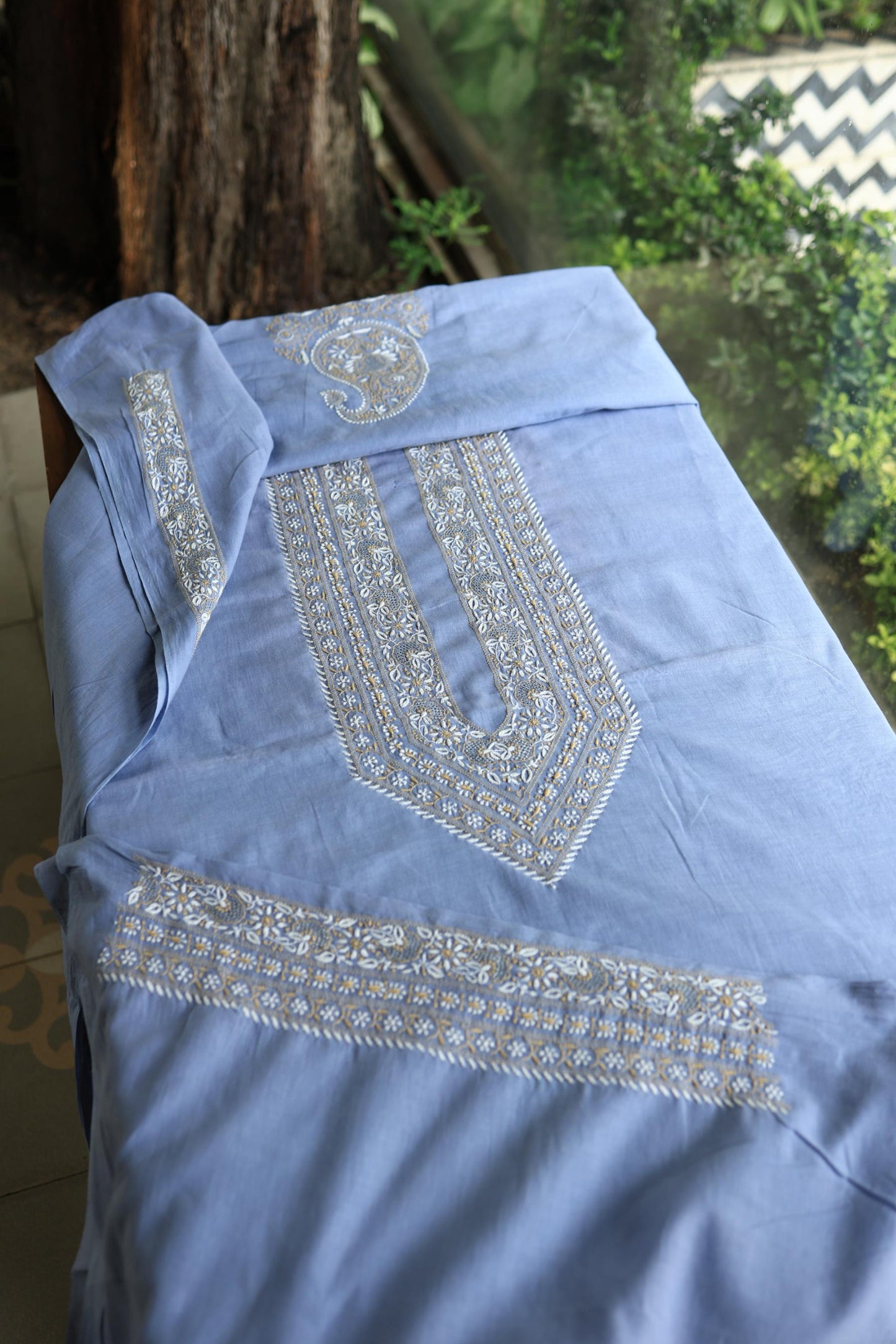 Powder Blue Shade Unisex Chikankari Bengal Muslin Kurta