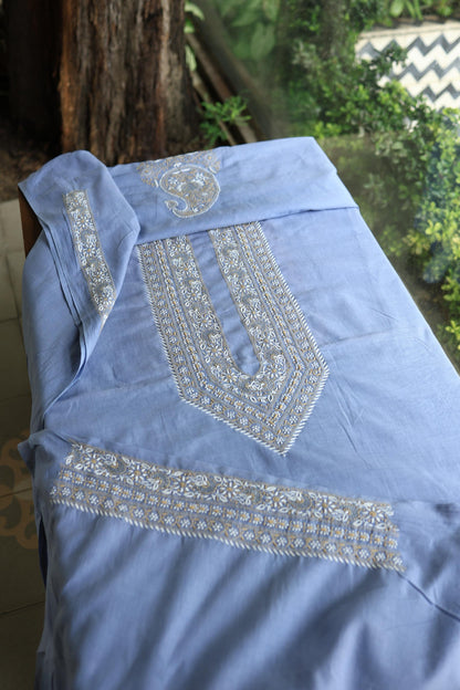 Powder Blue Shade Unisex Chikankari Bengal Muslin Kurta
