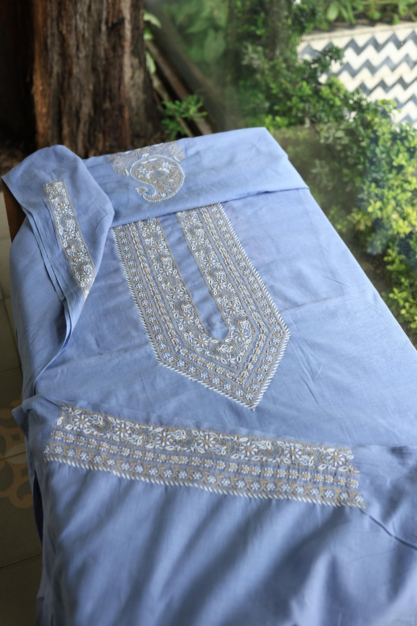 Powder Blue Shade Unisex Chikankari Bengal Muslin Kurta