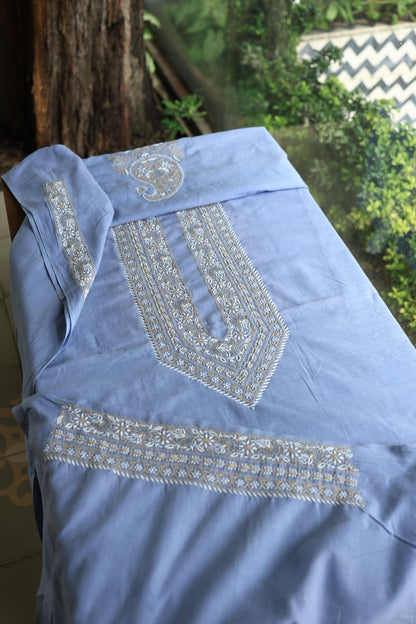 Powder Blue Shade Unisex Chikankari Bengal Muslin Kurta