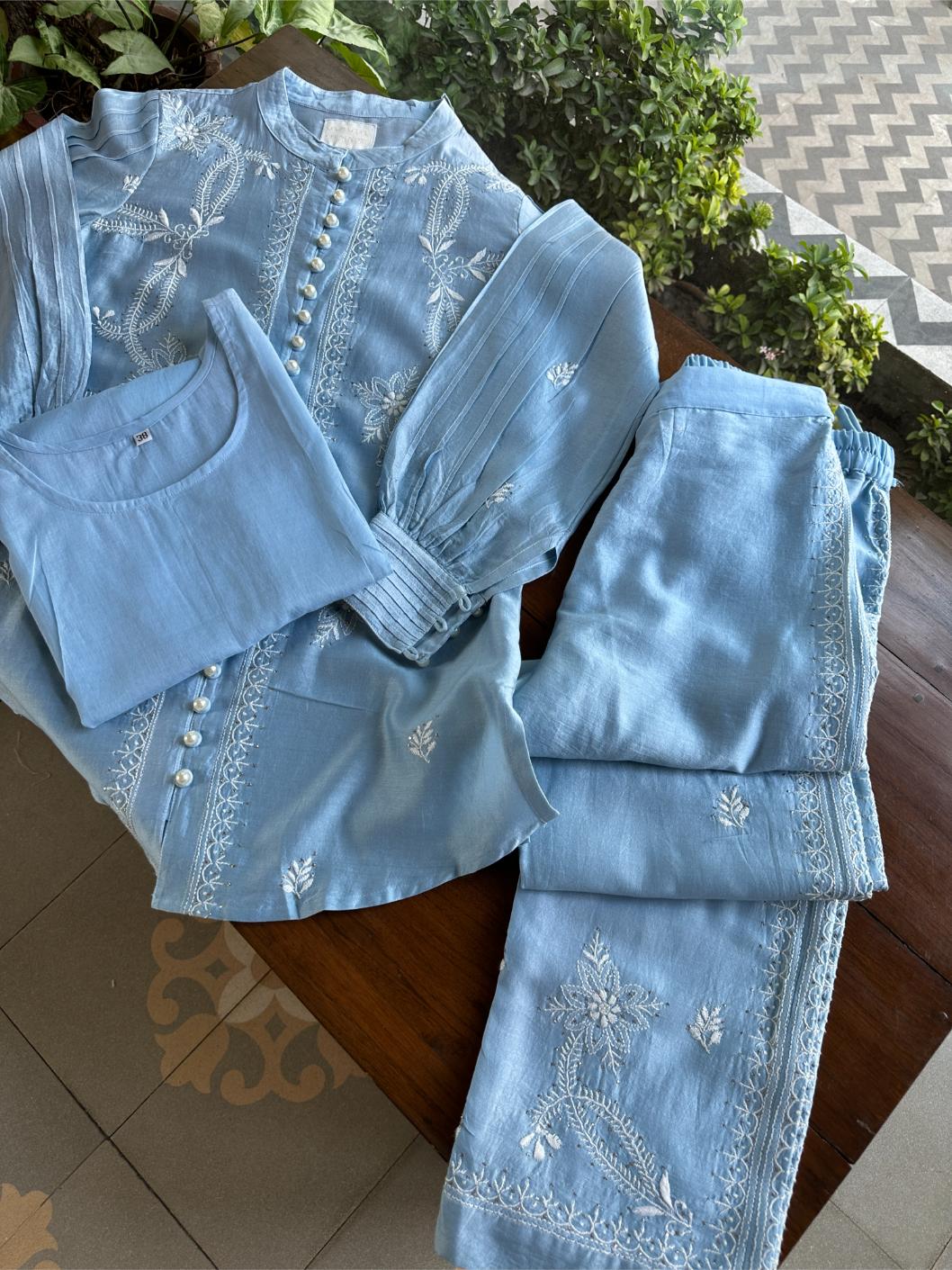 Powder Blue Chanderi Chikankari Co-Ord Set