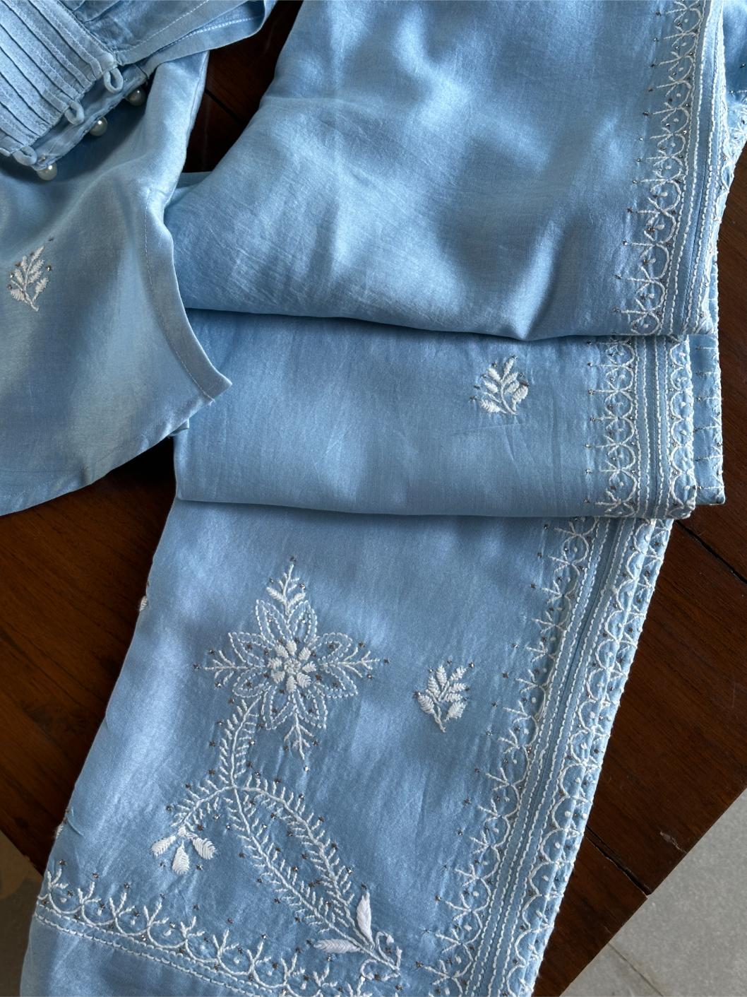 Powder Blue Chanderi Chikankari Co-Ord Set