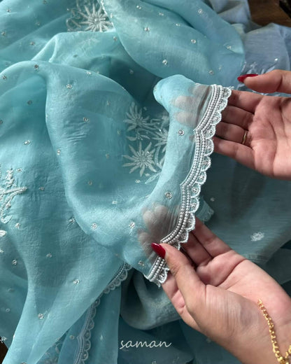 Ice Blue Noor Organza Cutwork Chikankari Saree