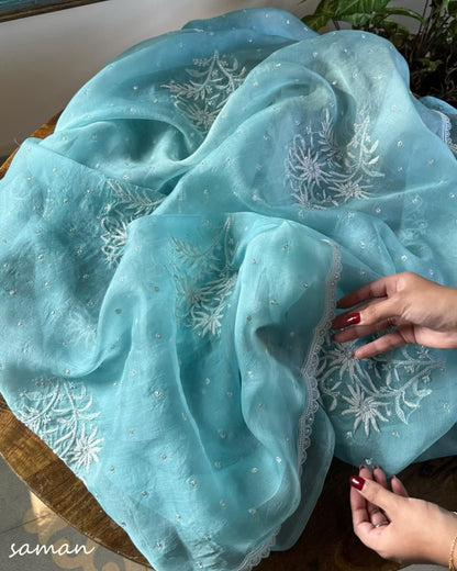 Ice Blue Noor Organza Cutwork Chikankari Saree