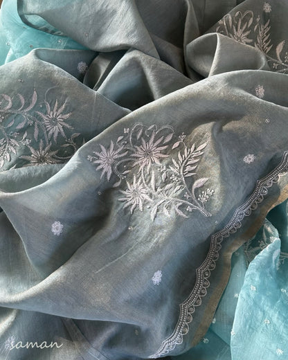 Ice Blue Noor Organza Cutwork Chikankari Saree