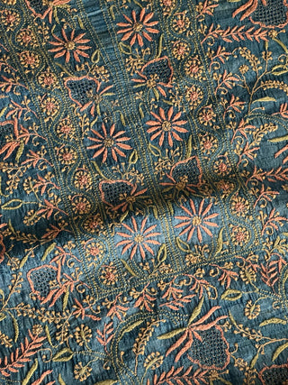 Premium Blue Tussar Silk Unstitched Kurta Dupatta Set with Multicolour Chikankari Embroidery