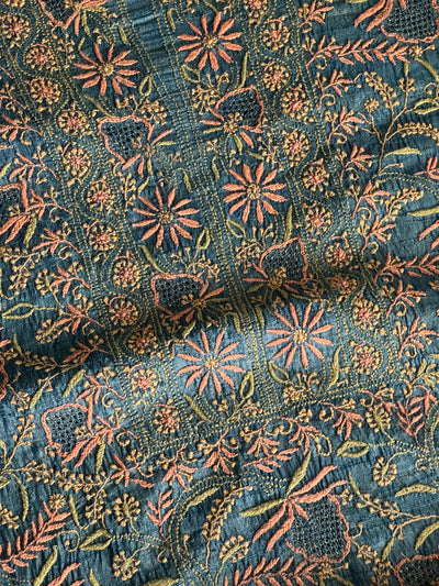 Premium Blue Tussar Silk Unstitched Kurta Dupatta Set with Multicolour Chikankari Embroidery