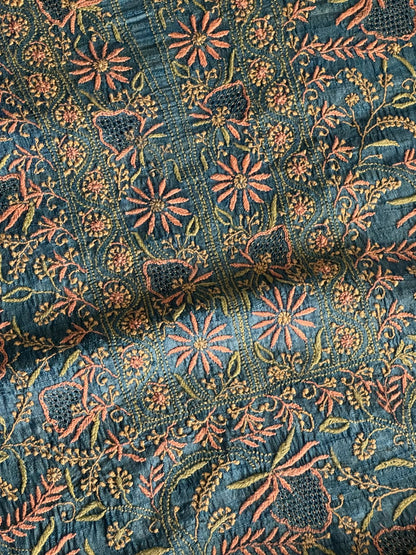 Premium Blue Tussar Silk Unstitched Kurta Dupatta Set with Multicolour Chikankari Embroidery