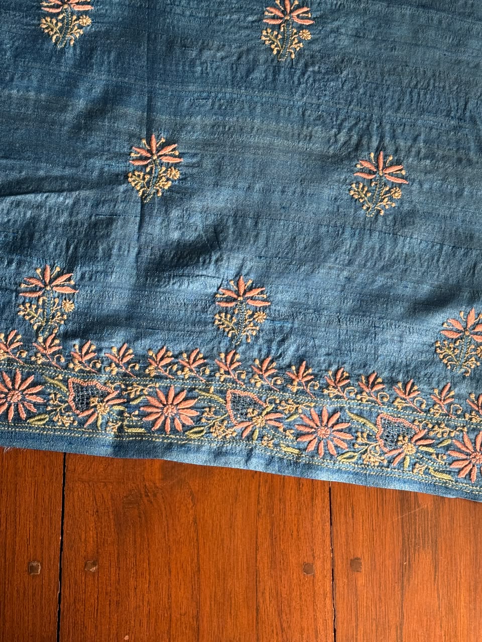 Premium Blue Tussar Silk Unstitched Kurta Dupatta Set with Multicolour Chikankari Embroidery
