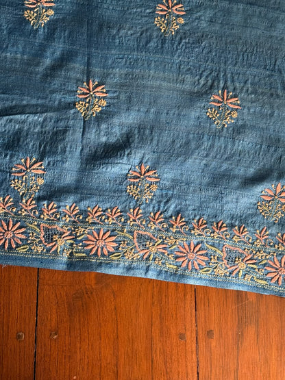Premium Blue Tussar Silk Unstitched Kurta Dupatta Set with Multicolour Chikankari Embroidery