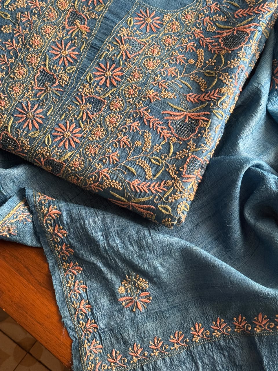 Premium Blue Tussar Silk Unstitched Kurta Dupatta Set with Multicolour Chikankari Embroidery