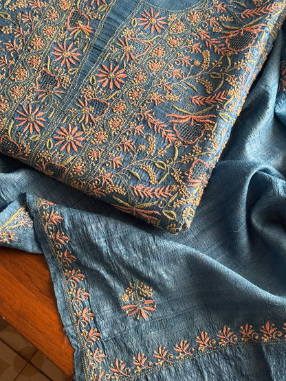 Premium Blue Tussar Silk Unstitched Kurta Dupatta Set with Multicolour Chikankari Embroidery