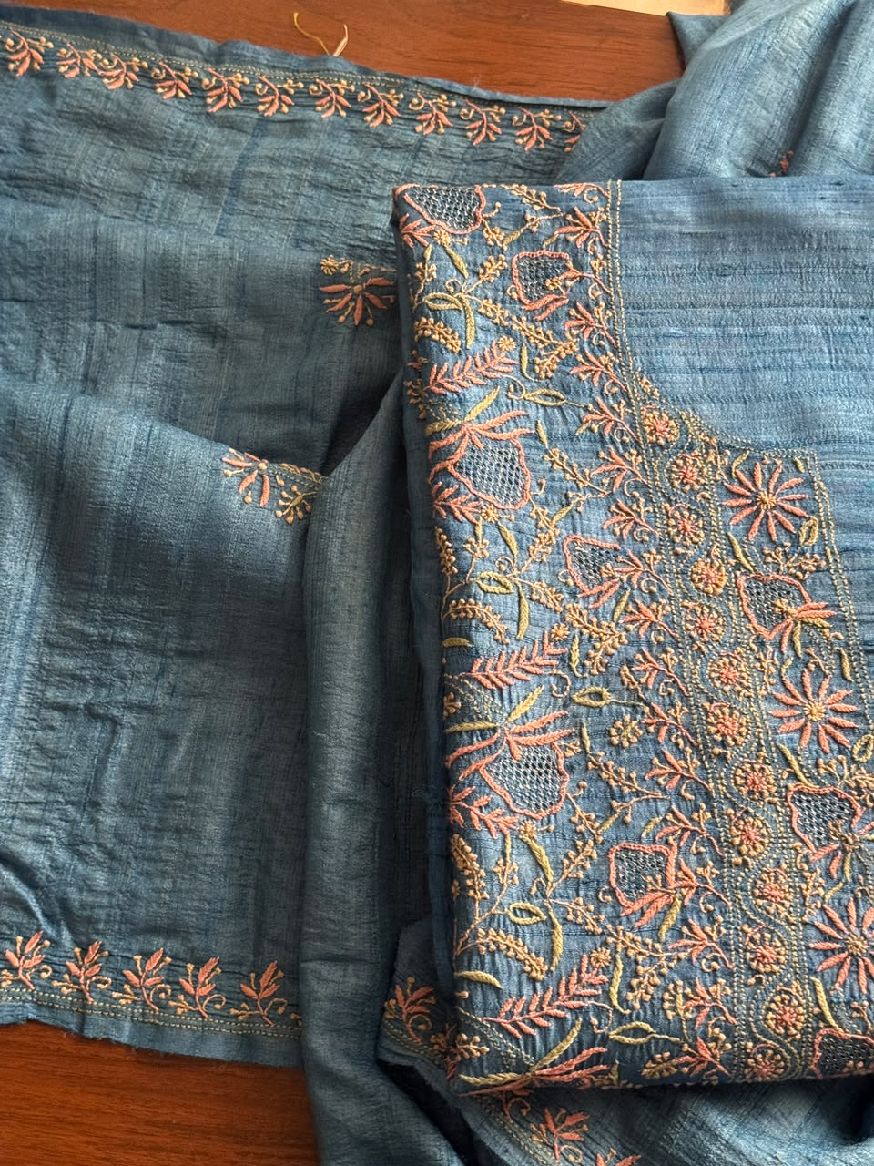 Premium Blue Tussar Silk Unstitched Kurta Dupatta Set with Multicolour Chikankari Embroidery