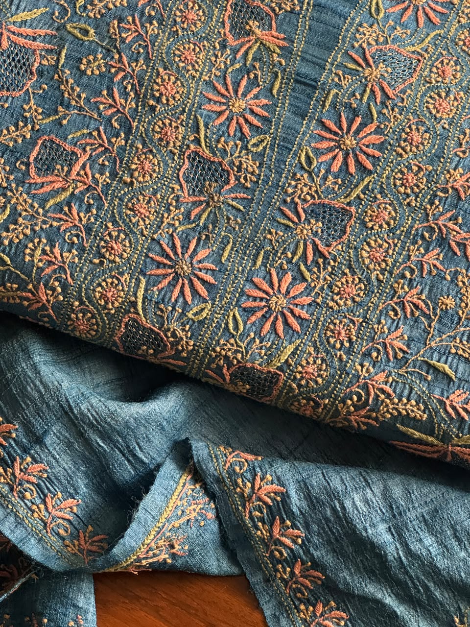 Premium Blue Tussar Silk Unstitched Kurta Dupatta Set with Multicolour Chikankari Embroidery