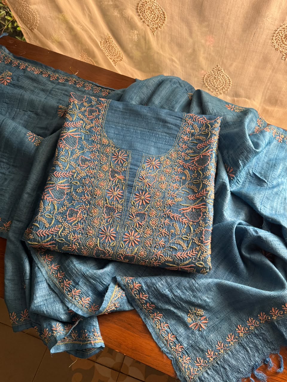 Premium Blue Tussar Silk Unstitched Kurta Dupatta Set with Multicolour Chikankari Embroidery