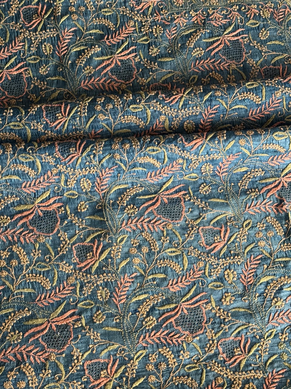 Premium Blue Tussar Silk Unstitched Kurta Dupatta Set with Multicolour Chikankari Embroidery
