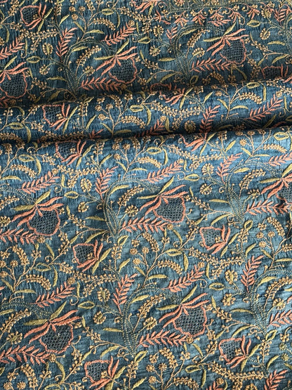 Premium Blue Tussar Silk Unstitched Kurta Dupatta Set with Multicolour Chikankari Embroidery