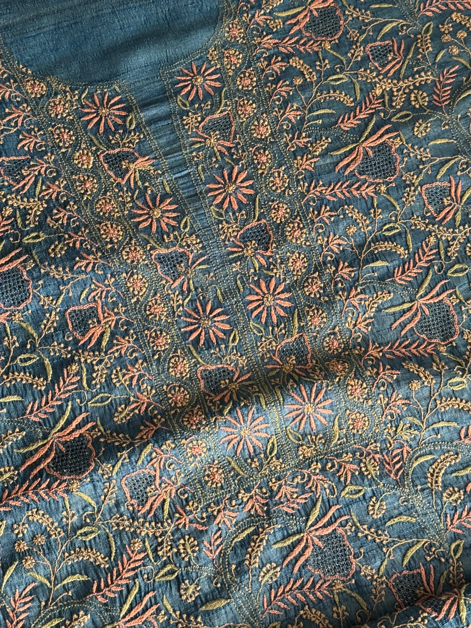 Premium Blue Tussar Silk Unstitched Kurta Dupatta Set with Multicolour Chikankari Embroidery