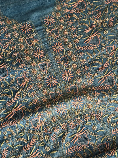 Premium Blue Tussar Silk Unstitched Kurta Dupatta Set with Multicolour Chikankari Embroidery