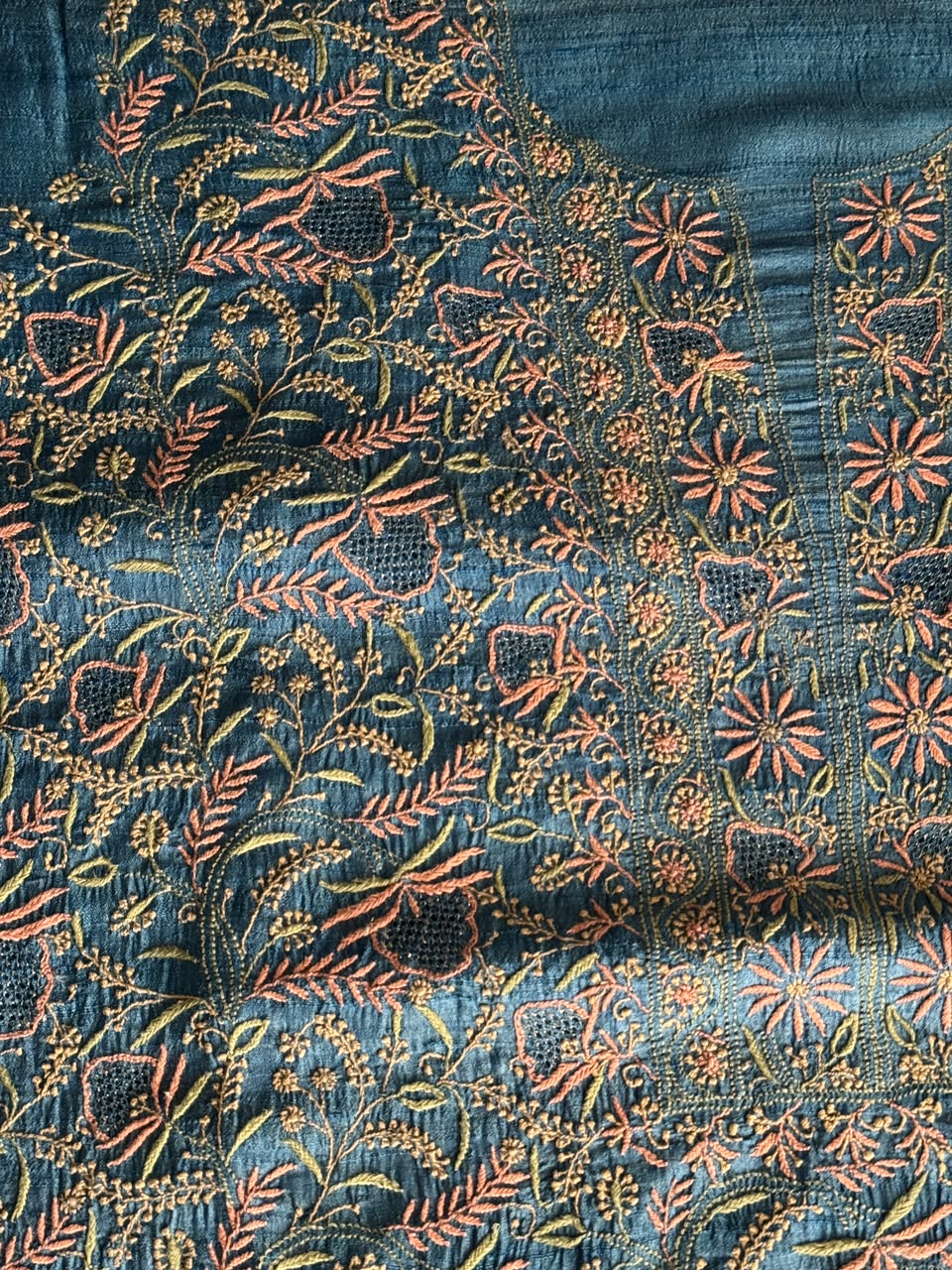 Premium Blue Tussar Silk Unstitched Kurta Dupatta Set with Multicolour Chikankari Embroidery