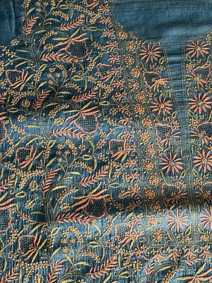 Premium Blue Tussar Silk Unstitched Kurta Dupatta Set with Multicolour Chikankari Embroidery
