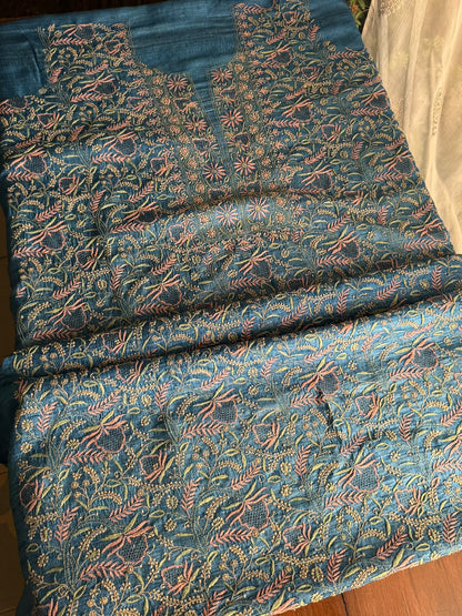 Premium Blue Tussar Silk Unstitched Kurta Dupatta Set with Multicolour Chikankari Embroidery