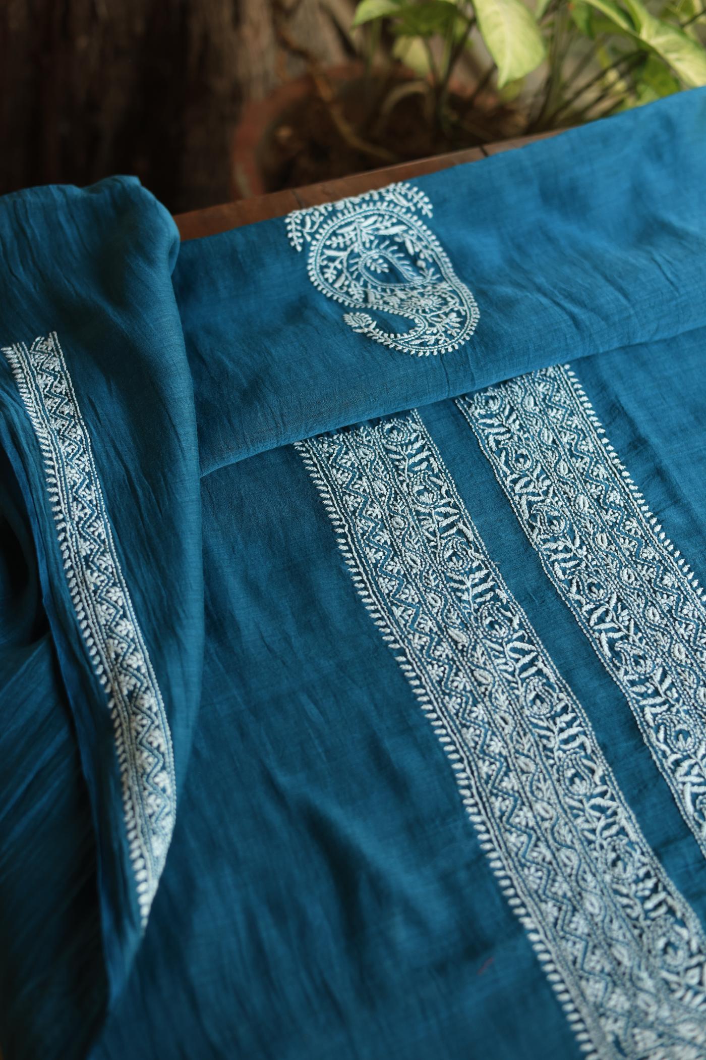 Prussian Blue Mulmul Chikankari Unstitched Men's Kurtas Fabric
