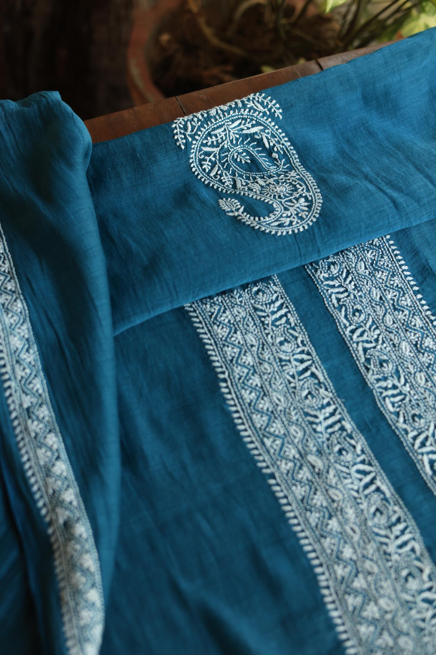 Prussian Blue Mulmul Chikankari Unstitched Men's Kurtas Fabric