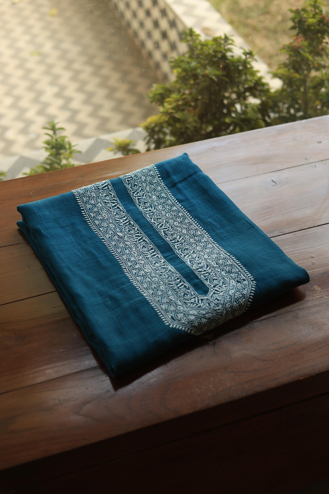 Prussian Blue Mulmul Chikankari Unstitched Men's Kurtas Fabric