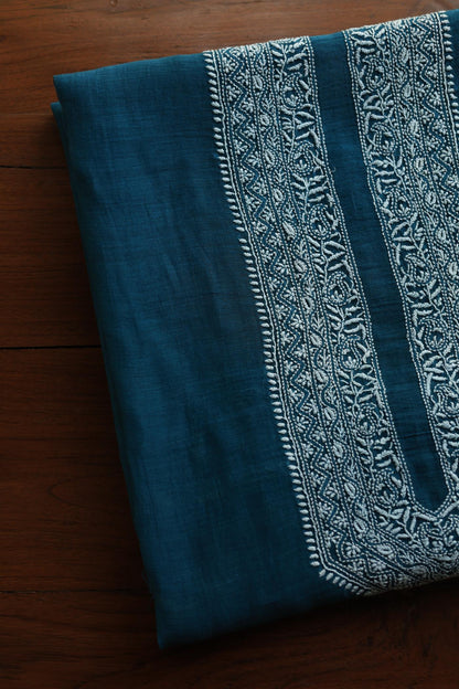 Prussian Blue Mulmul Chikankari Unstitched Men's Kurtas Fabric