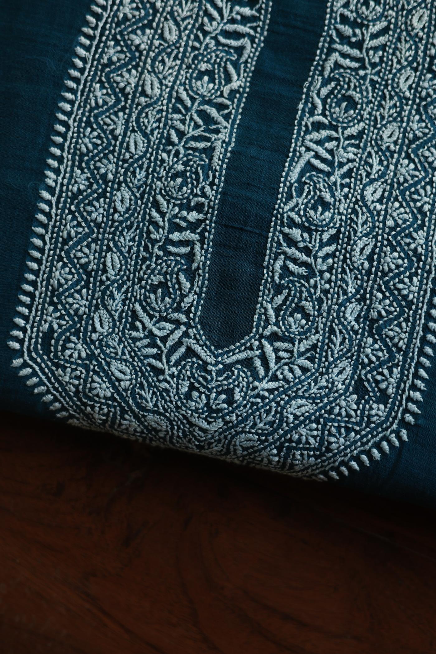 Prussian Blue Mulmul Chikankari Unstitched Men's Kurtas Fabric