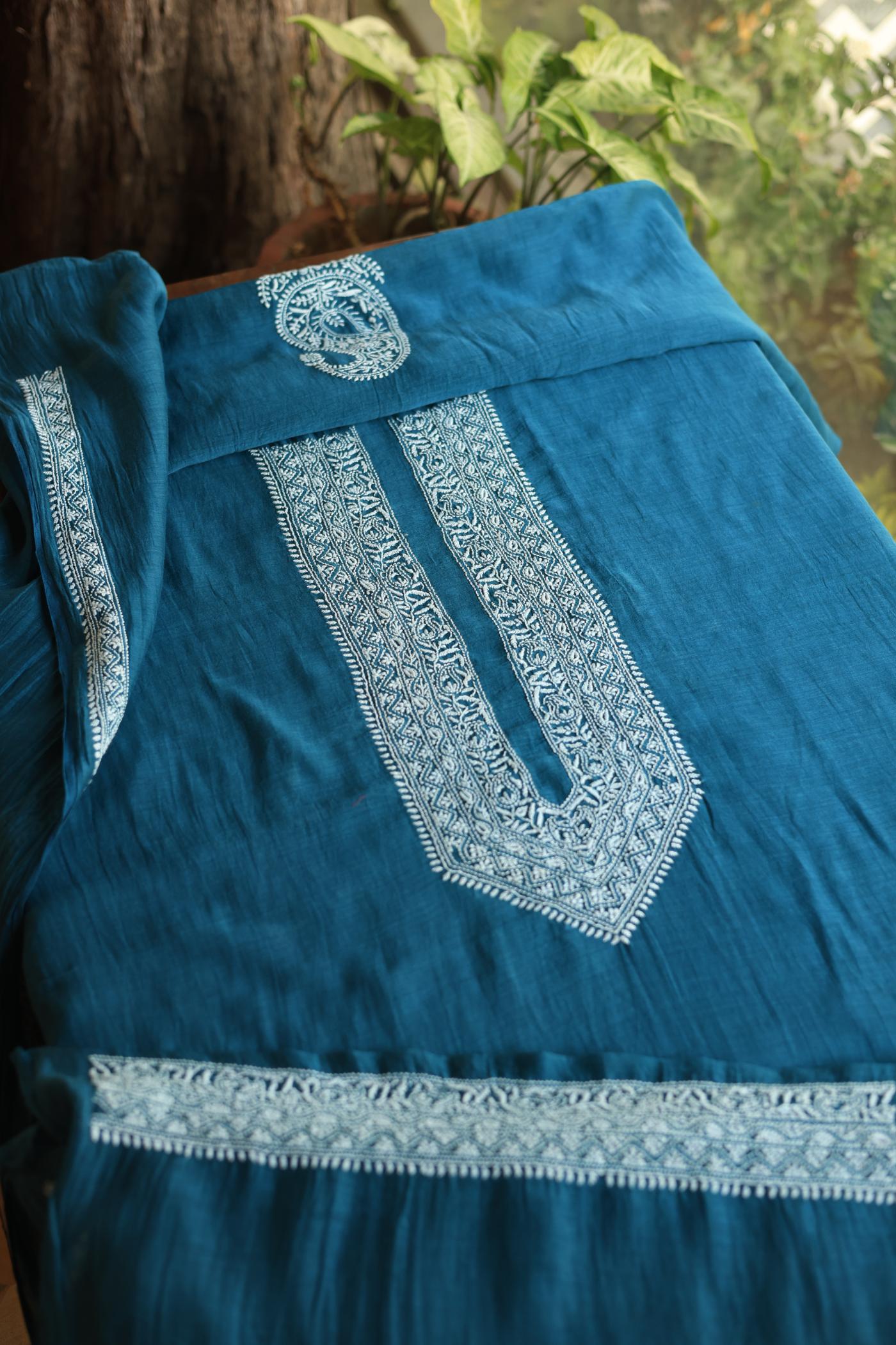 Prussian Blue Mulmul Chikankari Unstitched Men's Kurtas Fabric