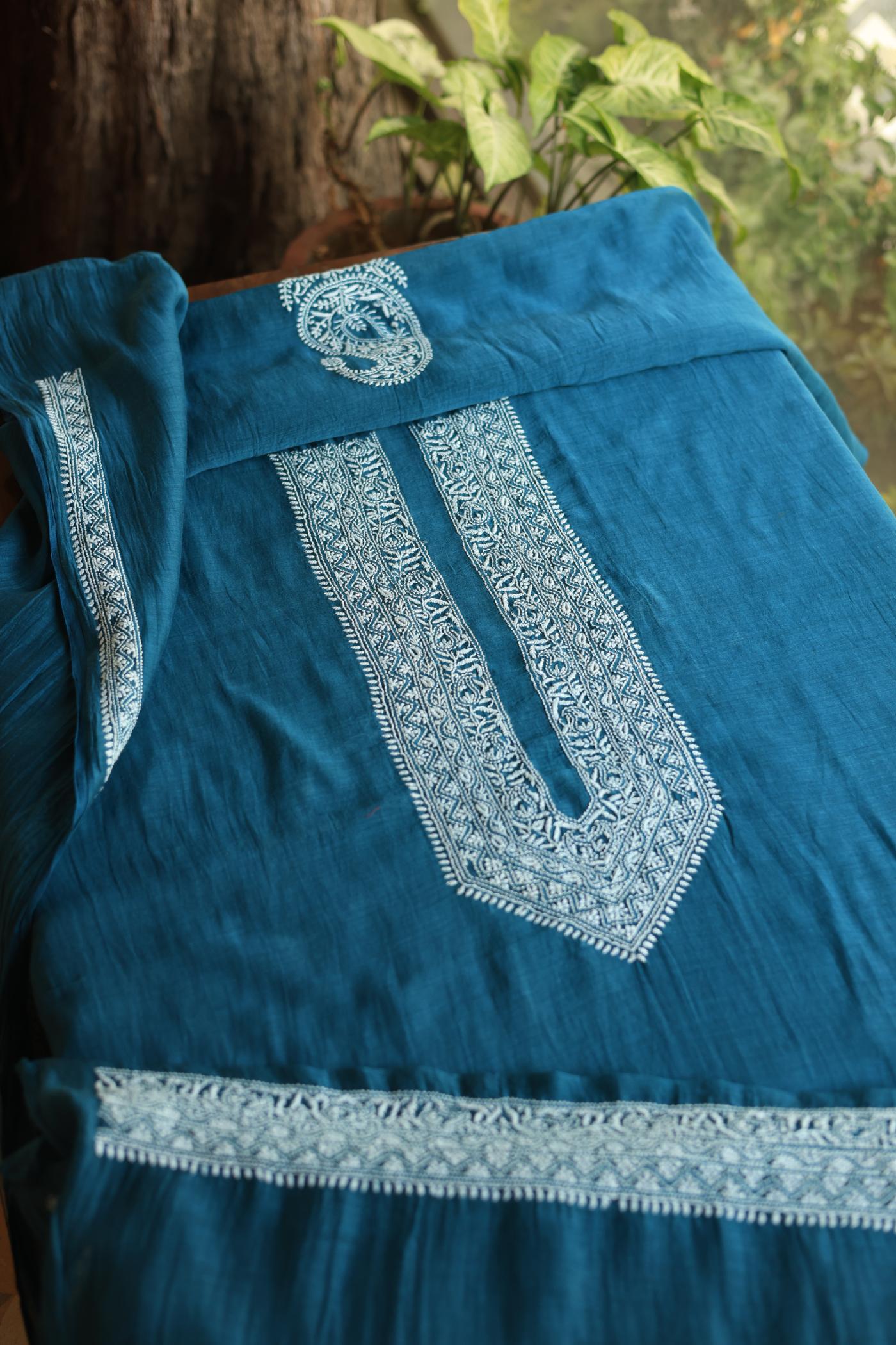 Prussian Blue Mulmul Chikankari Unstitched Men's Kurtas Fabric