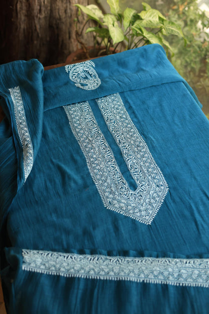 Prussian Blue Mulmul Chikankari Unstitched Men's Kurtas Fabric