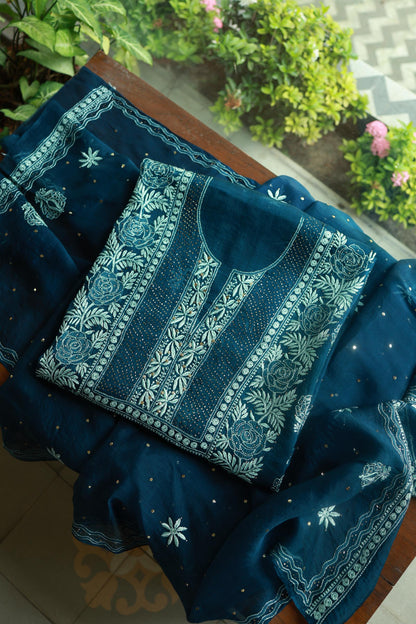Prussian Blue Noor Organza Silk Chikankari With Kamdani Fabric