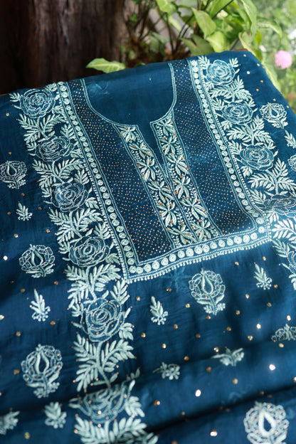 Prussian Blue Noor Organza Silk Chikankari With Kamdani Fabric