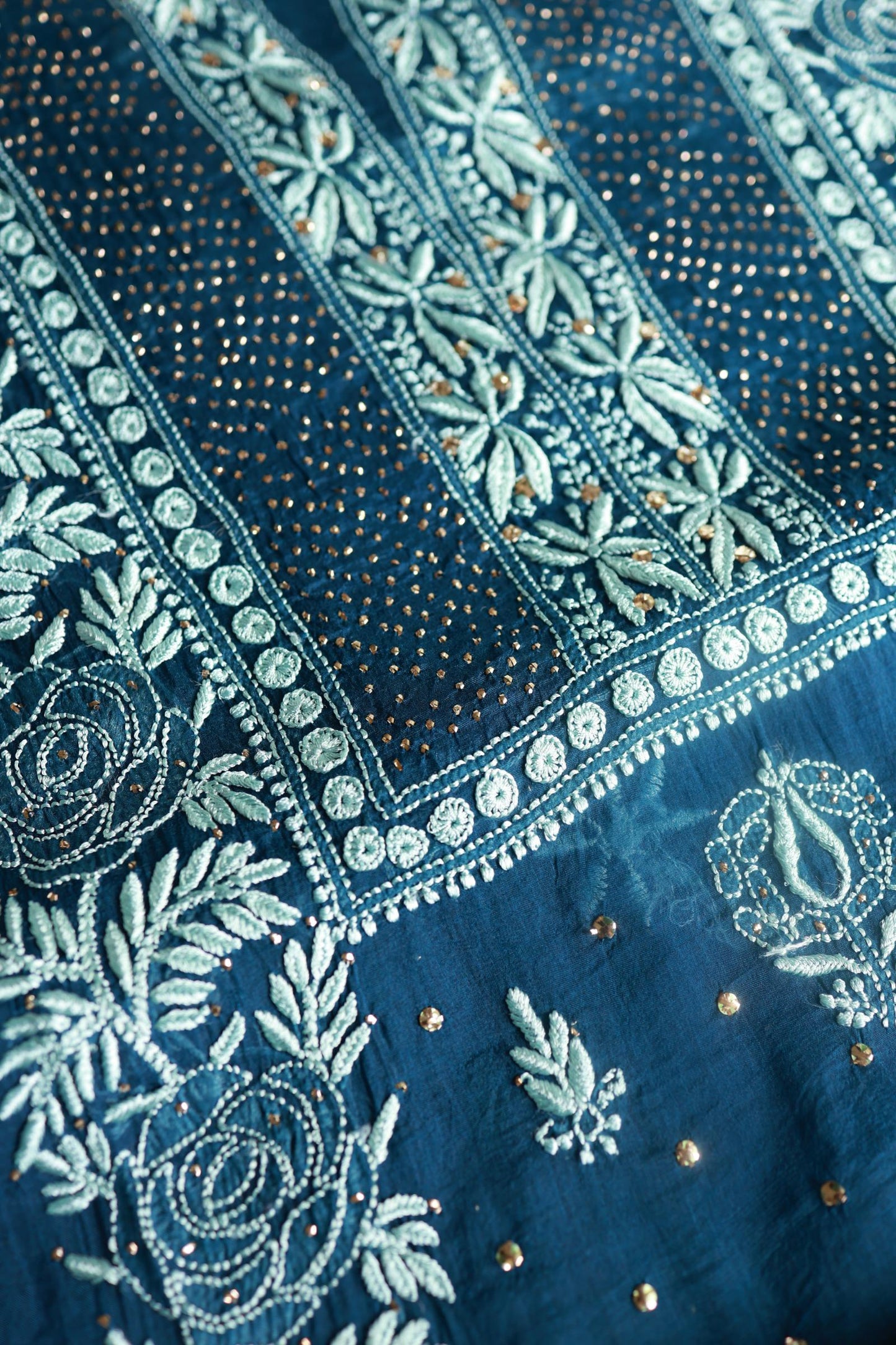 Prussian Blue Noor Organza Silk Chikankari With Kamdani Fabric