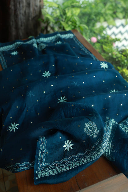 Prussian Blue Noor Organza Silk Chikankari With Kamdani Fabric