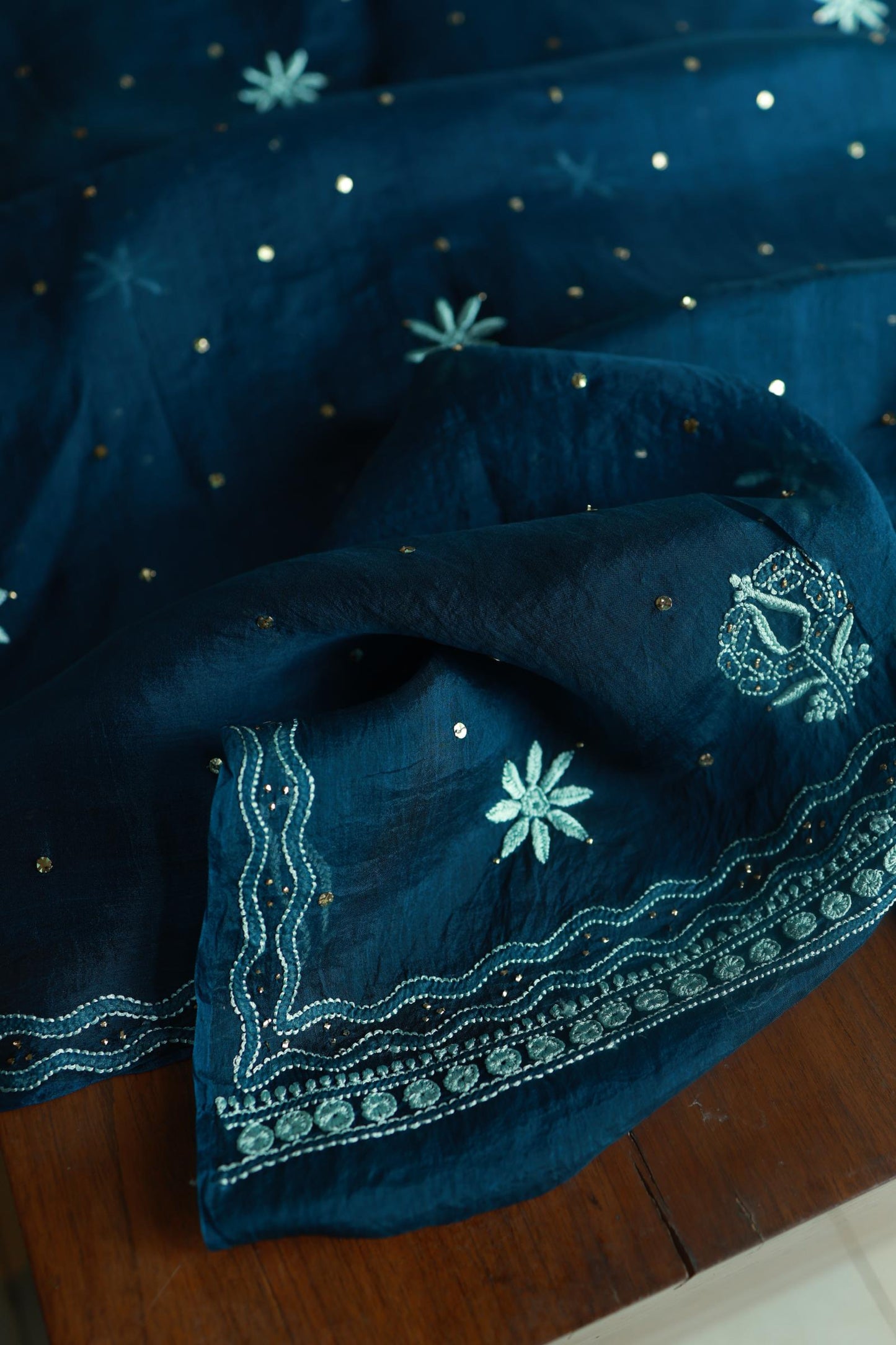 Prussian Blue Noor Organza Silk Chikankari With Kamdani Fabric
