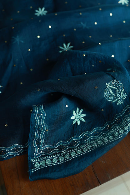 Prussian Blue Noor Organza Silk Chikankari With Kamdani Fabric